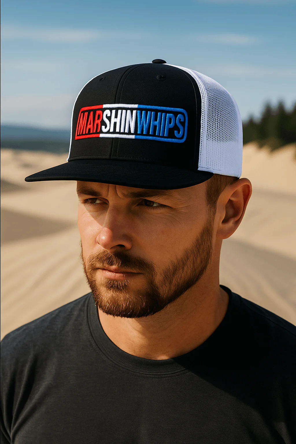 Marshin Whips Snapback Hat – Red/White/Blue Flat Bill Off-Road Hat